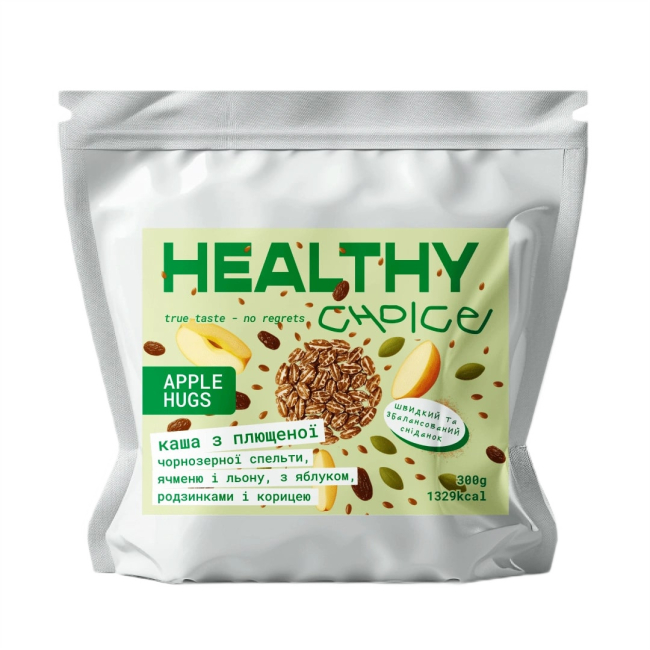 Сладости - Каша из плющеной чернозерной спельты и льна Healthy choice Apple hugs с яблоком, изюмом и корицей (4820237130822)