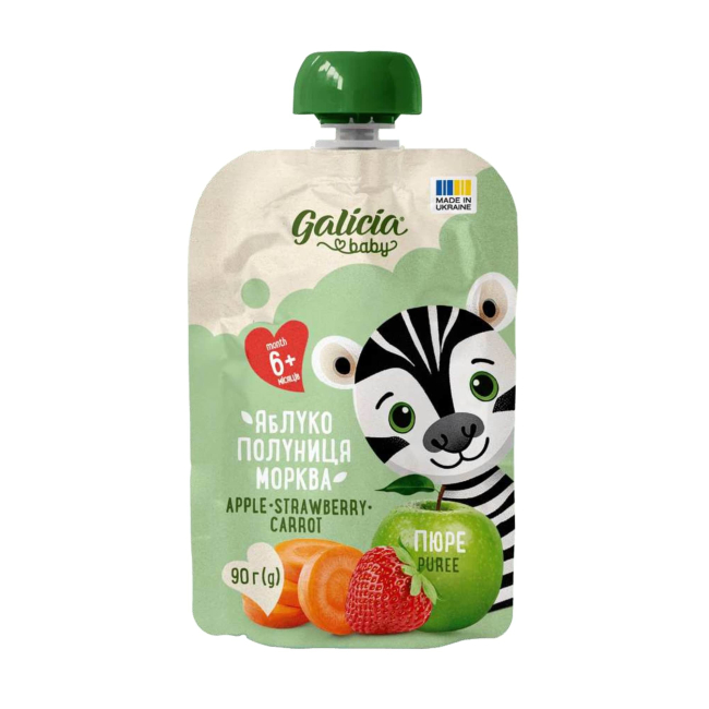 Сладости - Пюре Galicia Baby яблочно-клубнично-морковное 90 г (4820209564563)