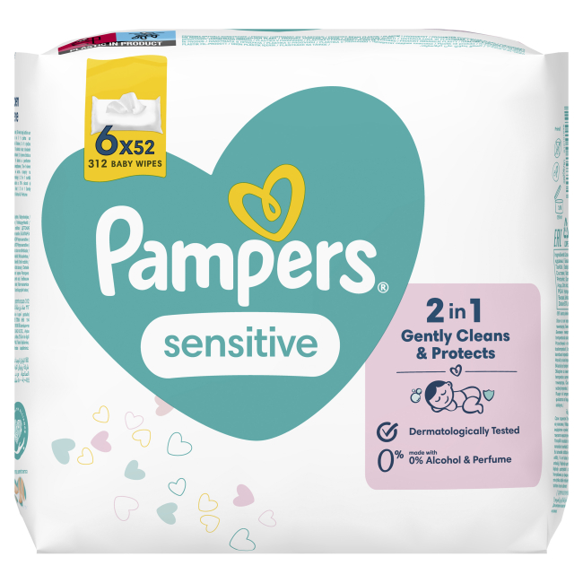 Товари для догляду - Вологі серветки Pampers Sensitive 6x52​ шт (8001841041452)