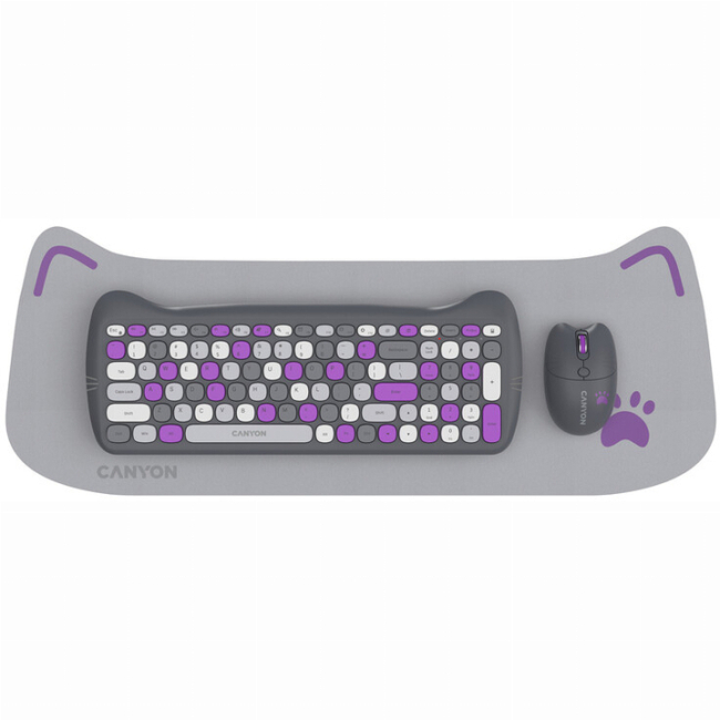 Клавіатура і миші - ​Комплект бездротовий Canyon HSET-W6 Kitty Edition Wireless Violet (CNS-HSETW6VT)