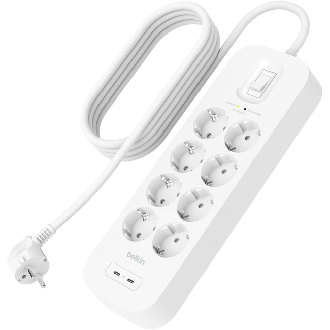 Павербанки - ​Подовжувач-фільтр мережевий Belkin 8хТип F 3x1 5мм кв 16А USB-C/USB-C 30Вт 2м білий (SRB004VF2M)
