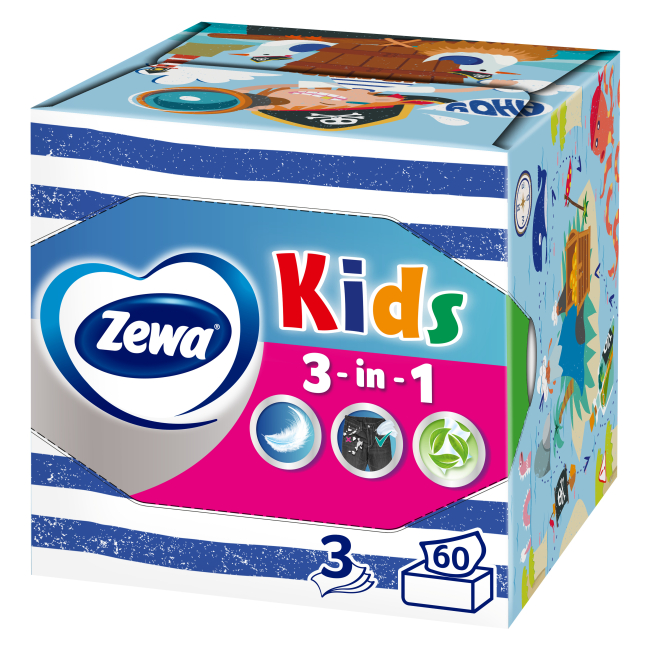Антисептики і маски - Серветки Zewa Kids Cube 3 в 1 60 шт в асортименті (7322540413977)