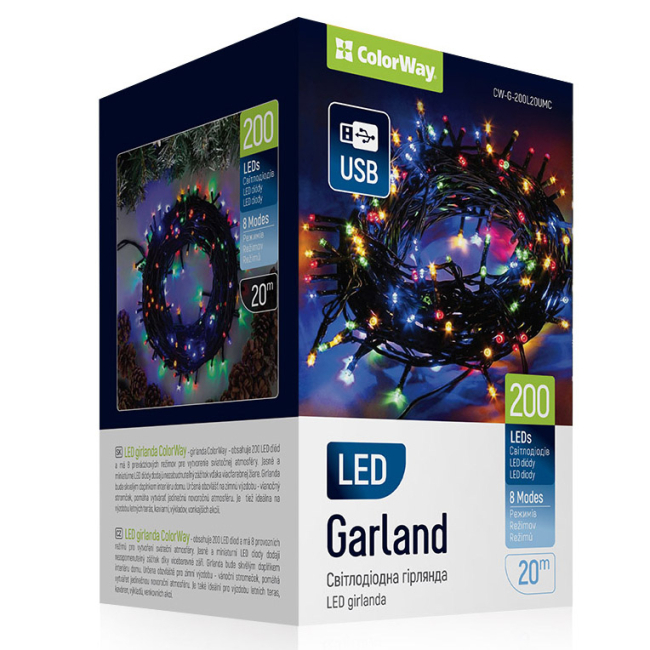 Мебель для геймеров - ​Светодиодная гирлянда СolorWay LED 200 20м 8 функций разноцветная USB (CW-G-200L20UMC)