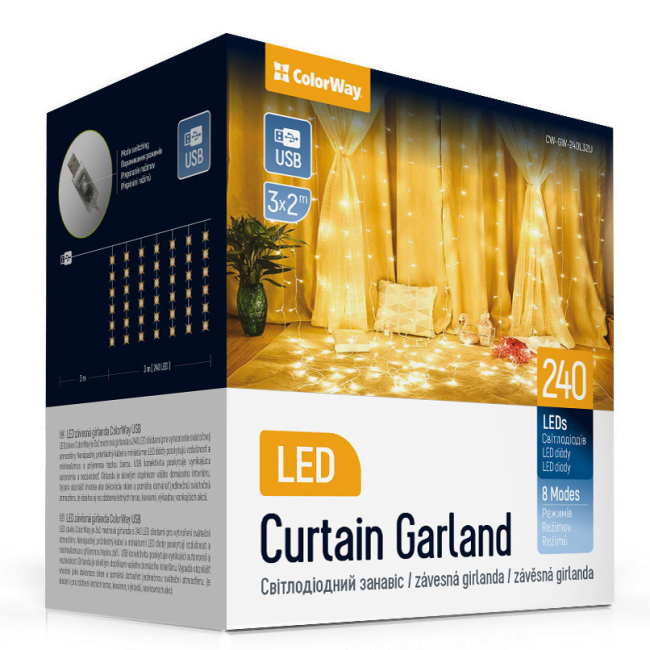 Мебель для геймеров - ​Светодиодная гирлянда СolorWay штора занавес 3x2м 24 0LED USB теплый цвет (CW-GW-240L32U)