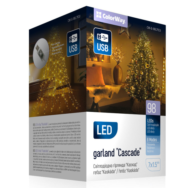Мебель для геймеров - Светодиодная гирлянда-каскад СolorWay LED 98 7x1.5м 8 функций теплый цвет USB (CW-G-98L71CU)