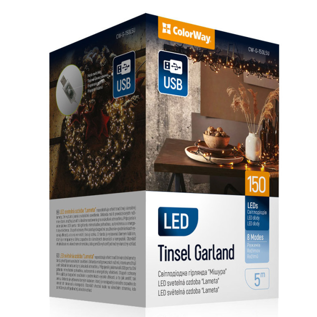 Мебель для геймеров - Светодиодная гирлянда-мишура СolorWay LED 150 5м 8 функций теплый цвет USB (CW-G-150L5U)