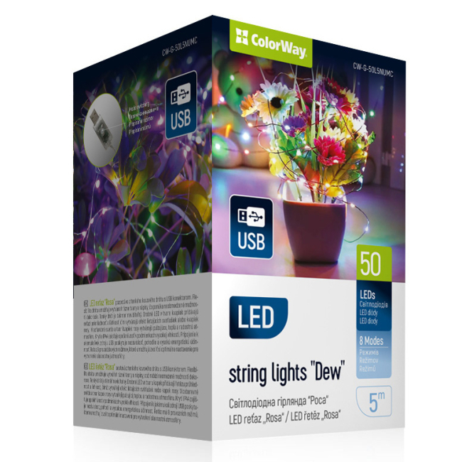 Мебель для геймеров - ​Светодиодная гирлянда-роса СolorWay LED 50 5 м 8 функций разноцветная USB (CW-G-50L5NUMC)