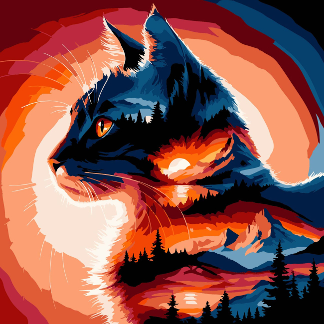 Товары для рисования - Картина по номерам Strateg Кот на закате на черном фоне 30 х 30 см (SH3030-25)