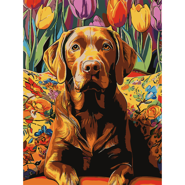 Товары для рисования - Картина по номерам Strateg Пес среди тюльпанов 30 х 40 см (SS-1288)