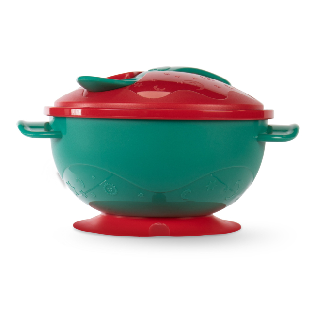 Детская посуда и аксессуары - ​Мисочка Baboo с основой-присоской, крышкой и ложечкой красная (9-034)