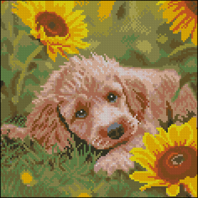 Мозаїка - Алмазна картина Strateg Щеня в соняшниках 30 х 30 см (FZ3030-43)