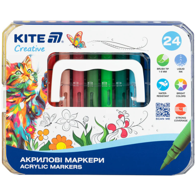 Канцтовари - Набір маркерів акрилових з рідкими чорнилами Kite Creative 24 кольори (K-1162)