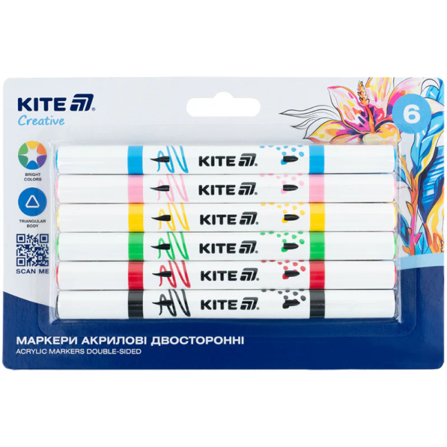 Канцтовари - Набір акрилових маркерів Kite Creative​ двосторонніх 6 кольорів (K-1293)