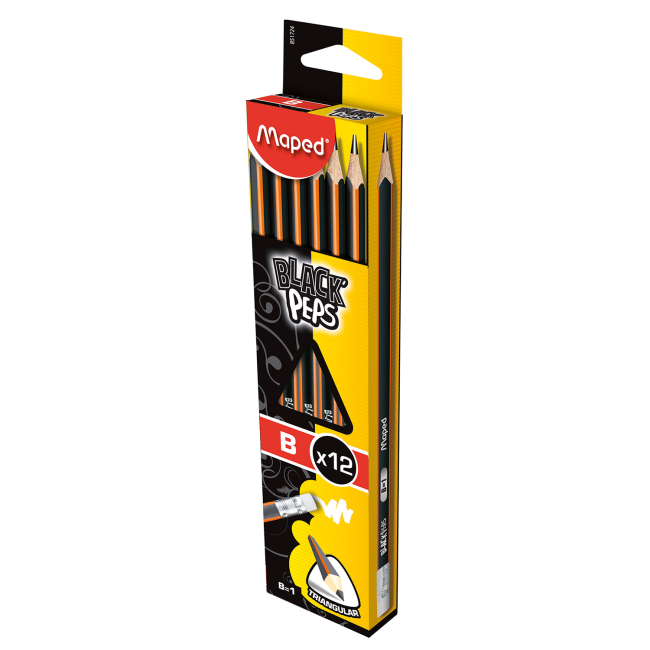 Набор графитовых карандашей Maped Black Peps B с резинкой 12 штук (MP.851724)