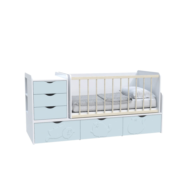 Детская мебель - Кровать детская Art In Head  Binky ДС504А (3 в 1) 1732x950x732 аляска / голубая лагуна (МДФ) + решетка б/п (110210102)