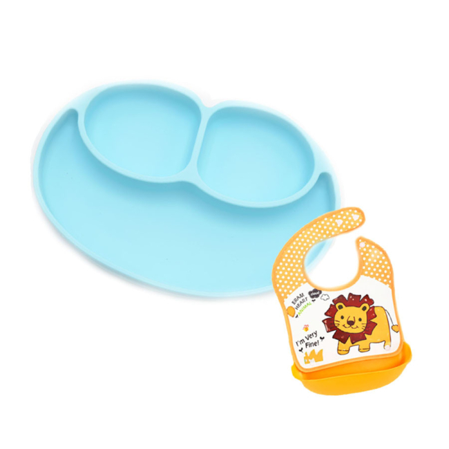 Товары по уходу - Набор силиконовая тарелка коврик для кормления ребенка 22х15 см Голубой и слюнявчик ПВХ со львом (n-1076)