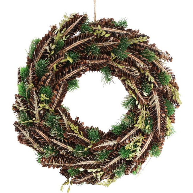 Аксесуари для свят - Вінок новорічний декоративний Зелені гілки з натуральними шишками Bona DP42834