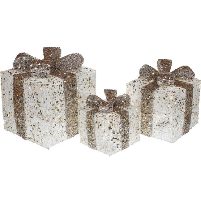 Аксессуары для праздников - Декоративные подарки с подсветкой под елку (3 шт бело-золотые) 20см 25см 30см BonaDi DP219497