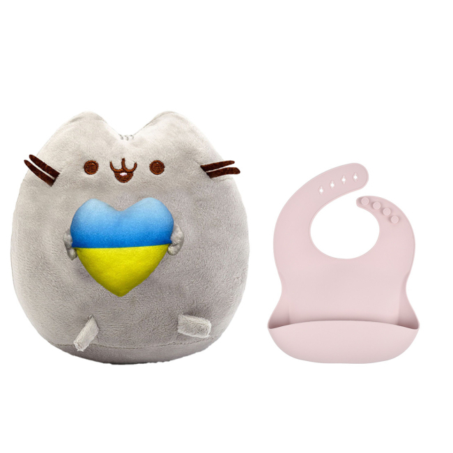 Мягкие животные - Мягкая игрушка 2Life Пушин кэт с сердцем 25 см Серый и силиконовый слюнявчик Y26 (vol-10398)