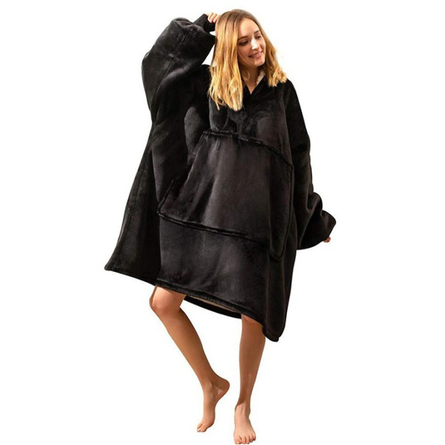 Подушки - Двостороння толстовка плед халат з капюшоном Huggle Hoodie оверсайз худі зі штучного хутра Чорна (VD 984156165)