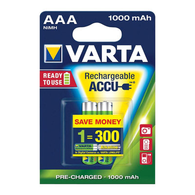 Батарейки - Акумулятор VARTA Rechargeable accu AAA 1000mAh BLI 2 NI-MH Ready 2 USE (5703301402)#2