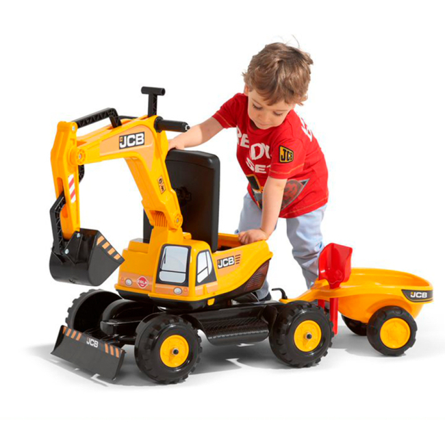 Толокары - Толокар Экскаватор Falk 135A JCB с прицепом и шлемом жёлтый (3016200013518)#2