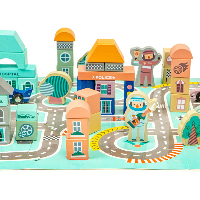 Развивающие коврики - ​Деревянные кубики с ковриком Ecotoys Разноцветный город (PH05D012)#3