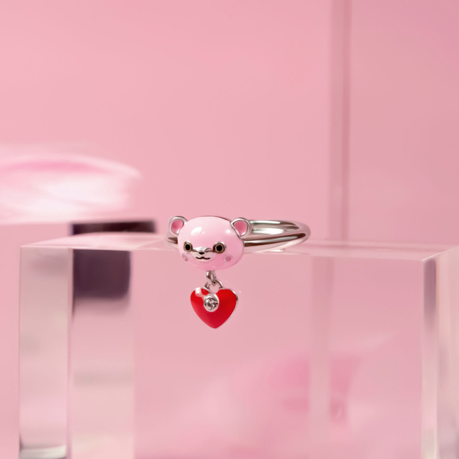 Ювелірні прикраси - Каблучка UmaUmi Ведмежатко з серцем із рожевою, червоною емаллю та фіанітом (2210000018327)#2
