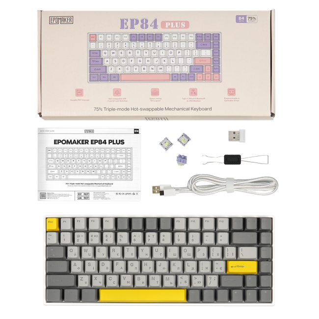 Клавіатура і миші - Клавіатура Epomaker Plus 75% Wisteria Linear Switch Hot-Swap RGB White UA (EP84-W-WL)#5