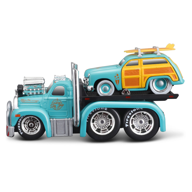 Транспорт і спецтехніка - Ігровий набір Maisto Muscle machines Трейлер-транспортер та машинка 1953 Mack B-61 Flatbed та 1950 Ford Woody (11532/1)#2