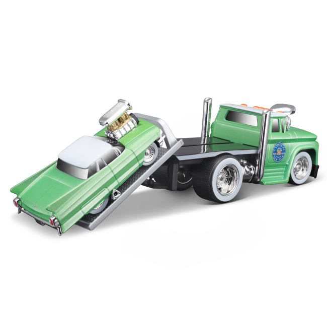 Транспорт і спецтехніка - Ігровий набір Maisto Muscle machines Трейлер-транспортер та машинка 1966 Chevrolet C60 Flatbed та 1961 Cadillac (11532/3)#4