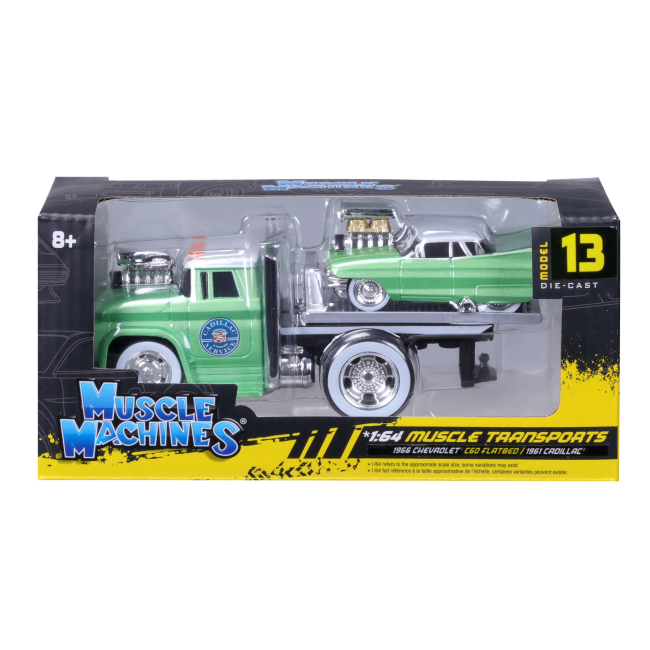 Транспорт і спецтехніка - Ігровий набір Maisto Muscle machines Трейлер-транспортер та машинка 1966 Chevrolet C60 Flatbed та 1961 Cadillac (11532/3)#7