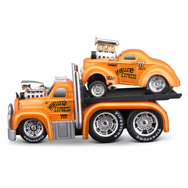 Транспорт и спецтехника - Игровой набор Muscle machines Трейлер-транспортер и машинка 1953 MACK B-61 Flatbed и 1941 Willys Couper Gassea (11532/4)#2