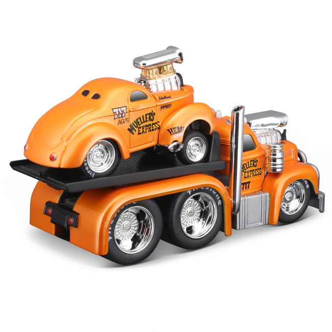 Транспорт и спецтехника - Игровой набор Muscle machines Трейлер-транспортер и машинка 1953 MACK B-61 Flatbed и 1941 Willys Couper Gassea (11532/4)#3