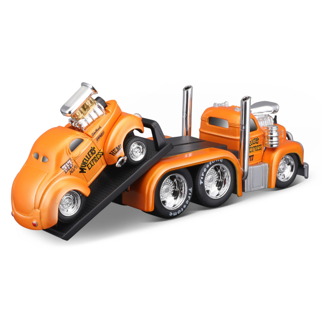 Транспорт и спецтехника - Игровой набор Muscle machines Трейлер-транспортер и машинка 1953 MACK B-61 Flatbed и 1941 Willys Couper Gassea (11532/4)#4