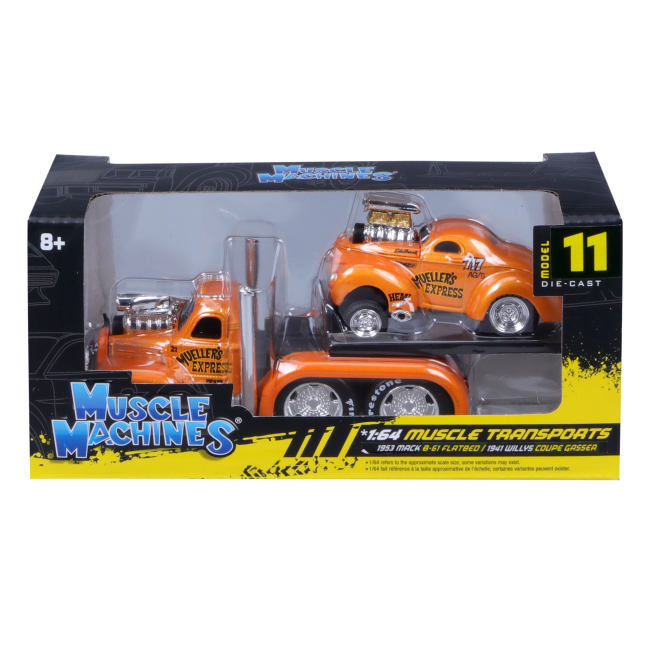 Транспорт и спецтехника - Игровой набор Muscle machines Трейлер-транспортер и машинка 1953 MACK B-61 Flatbed и 1941 Willys Couper Gassea (11532/4)#7