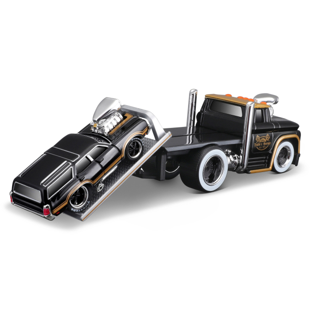Транспорт и спецтехника - Игровой набор Maisto Muscle machines Трейлер-транспортер и машинка 1966 Chevrolet C60 Flatbed и 1970 Oldsmobile Vista Causea (11532/6)#4