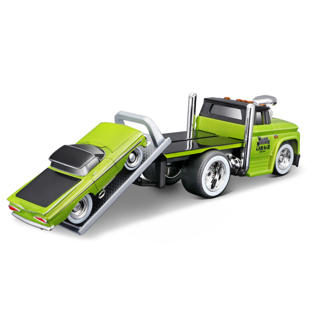 Транспорт і спецтехніка - Ігровий набір Maisto Muscle machines Трейлер-транспортер та машинка 1966 Chevrolet C60 Flatbad та 1959 Chevrolet El Camino (11532/8)#4