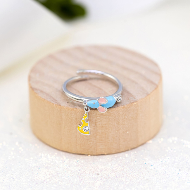 Ювелірні прикраси - Каблучка UmaUmi Pets Мишеня з сиром із блакитною, жовтою емаллю (2210000018389)#3