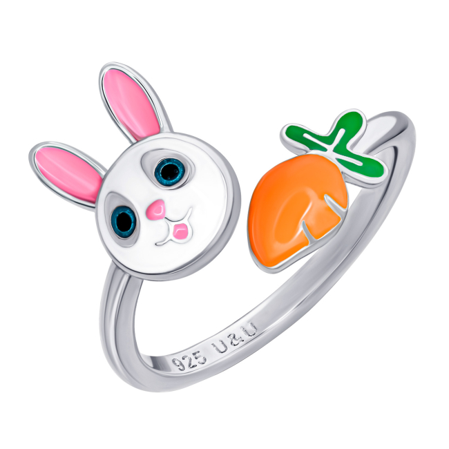 Ювелірні прикраси -  Каблучка UmaUmi Zoo Зайчик з морквою із біло-рожевою та помаранчевою емаллю (2210000018969)#2