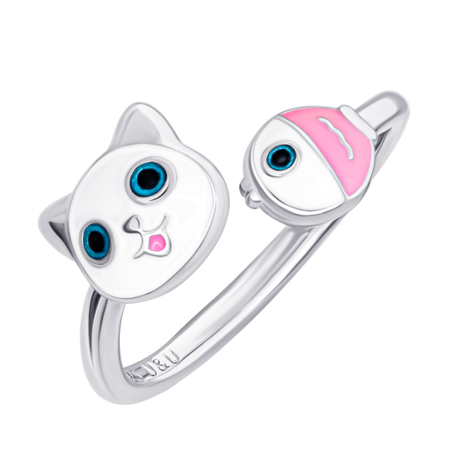 Ювелірні прикраси - Каблучка UmaUmi Zoo Котик з рибкою із білою та рожевою емаллю (2210000019010)#2