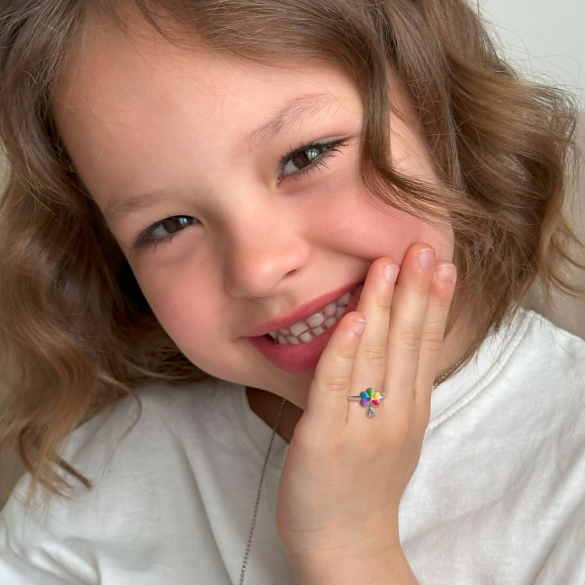 Ювелірні прикраси - Каблучка UmaUmi Flowers Ромашка кольорова та підвіскою з фіанітами (2210000018518)#4