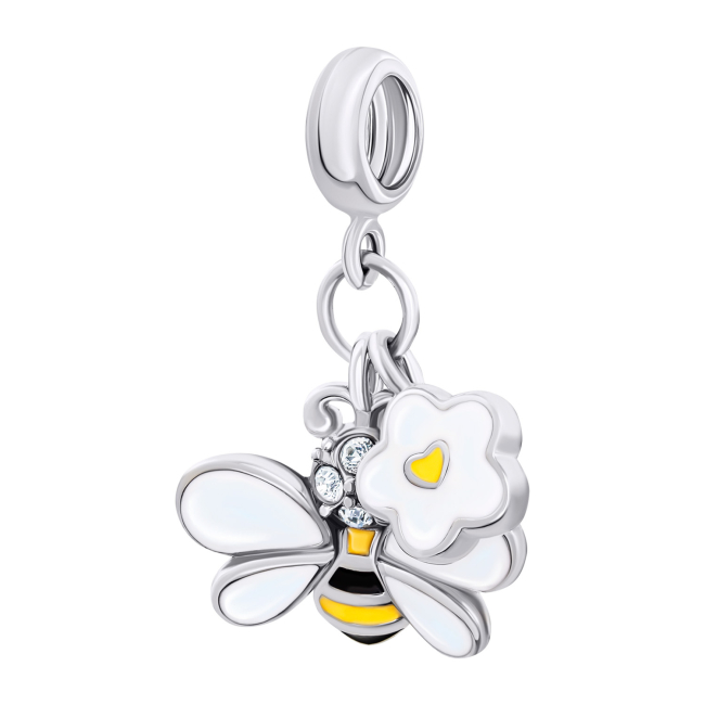 Ювелірні прикраси - Кулон UmaUmi Flowers Бджілка з квіточкою з біло-жовтою емаллю та фіанітами (2210000018570)#2