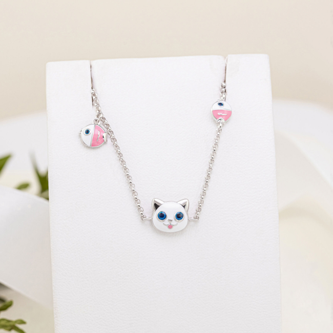 Ювелірні прикраси - Браслет UmaUmi Zoo Котик з рибкою із білою та рожевою емаллю (2210000019034)#4