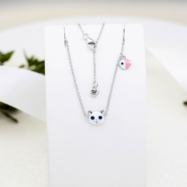 Ювелірні прикраси - Кольє UmaUmi Zoo Котик з рибкою із білою та рожевою емаллю (2210000019027)#4
