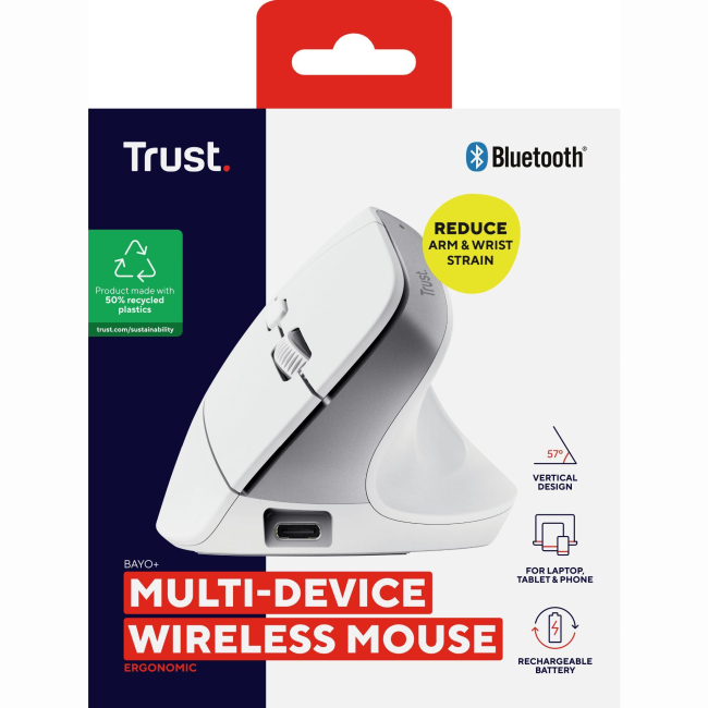 Клавіатура і миші - Мишка Trust Bayo Multidevice Ergonomic BT/WL/USB-A білий (25399_TRUST)#8