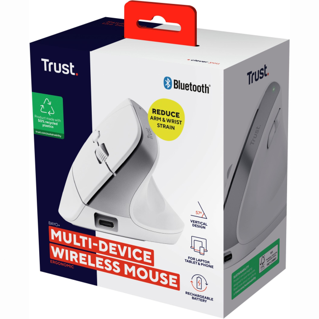 Клавіатура і миші - Мишка Trust Bayo Multidevice Ergonomic BT/WL/USB-A білий (25399_TRUST)#9