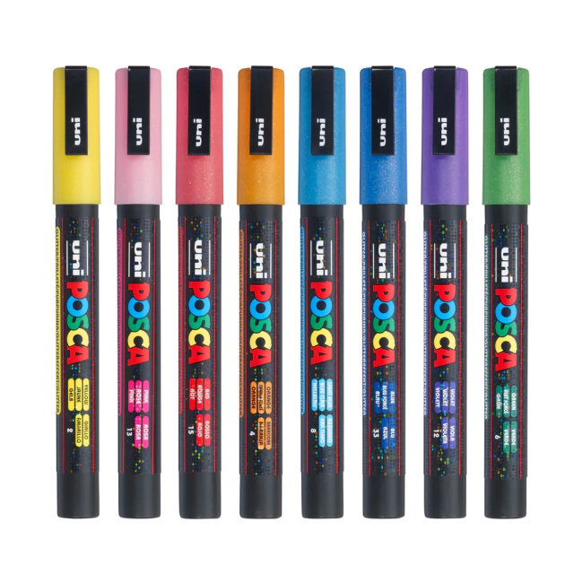 Канцтовары - Набор маркеров UNI Posca Glitter Color 8 шт (PC-3ML GLITTER COLOR 8C)#2