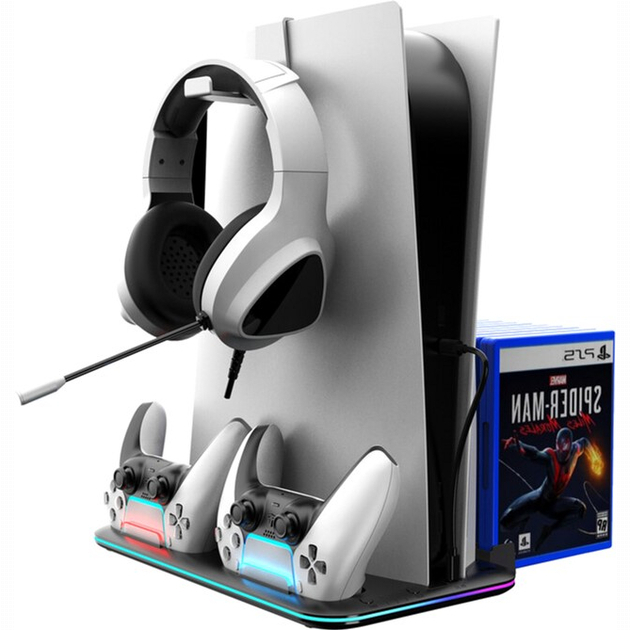 Меблі для геймерів - ​Підставка для PS5 Canyon CS-51 RGB Slim/DE з охолодженням і зарядкою для геймпадів Black (CND-CSPS5B-1)#4