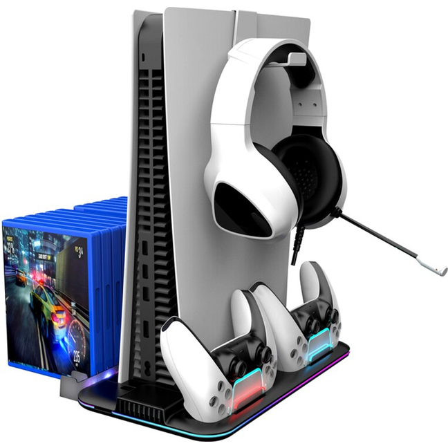 Меблі для геймерів - ​Підставка для PS5 Canyon CS-51 RGB Slim/DE з охолодженням і зарядкою для геймпадів Black (CND-CSPS5B-1)#5